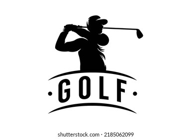 logo de golf con silueta de persona balanceando palo de golf.