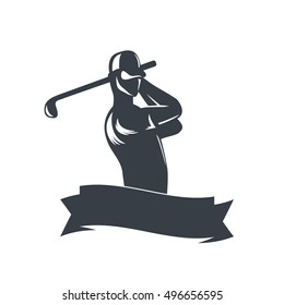 golf logo template on white with golf player swinging club, vector illustration