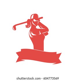 golf logo template on white with girl swinging club, vector illustration