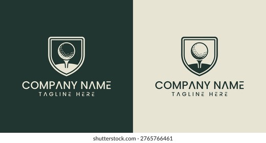 Golf logo template with shield and ball on tee for company branding