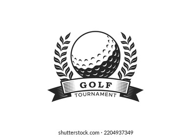 Golf Logo Tournament, League Exercise, Club, Team and Championship with Retro Style Badge Wreath and Banner Name.