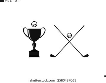 Golf logo vector. Isolated golf ball and stick with trophy 