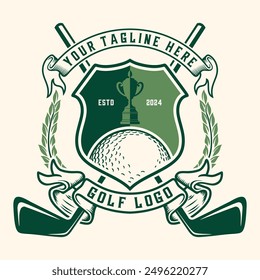 Logotipo del golf. emblema del ornamento de la cinta del escudo del vintage para el deporte del golf