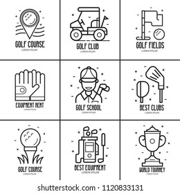 Golf logotypes and emblems templates with golfing icons and signs in line art style. Golf club, world tourney, golfer man, carts and other logo and signs set.