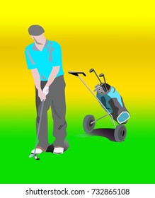 golf man with bag on wheels with golf clubs and accessories