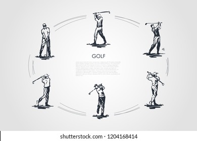Golf - man with golf club in different active poses vector concept set. Hand drawn sketch isolated illustration