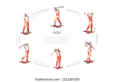Golf - man with golf club in different active poses vector concept set. Hand drawn sketch isolated illustration