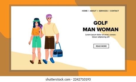 golf man woman vector. course club, sport golfer, player female, summer green, woman leisure golf man woman web flat cartoon illustration