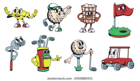 Mascota del golf. Bola con palo, Carrito de golf, agujero con palo de bandera 1930s personajes de estilo de dibujos animados juego de Ilustración vectorial de bola de golf, juego mascota golfista, actividad de golf