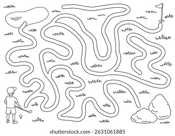 Gráfico de labirinto de golfe preto branco esboço ilustração vetor