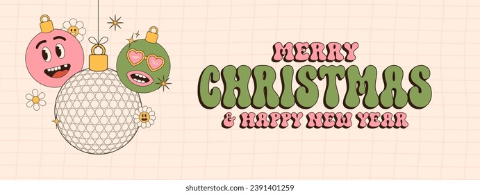 golf Merry Christmas and Happy New Year groovy Sports greeting card. Hanging ball as a groovy Christmas ball on vibrant background. Vector illustration..