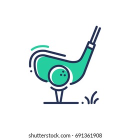 Golf - modern vector single line design icon. An image depicting a golf club and ball on a tee ground ready to swing, green color, white background. Promote and present your favorite sport.
