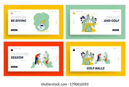 Golf in Office, Free Diving Landing Page Template Set. Business Men Playing with Colleagues. Father with Children Characters Play at Yard. Woman Meditate on Bottom. Linear People Vector Illustration