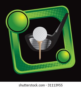 golf on tee with club on tilted banner