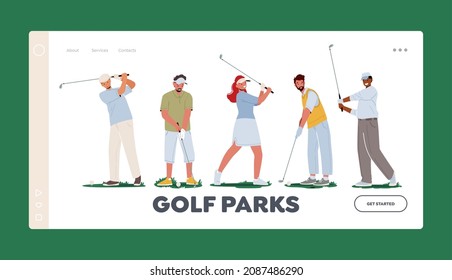 Golf Parks Landing Page Template. Men and Women in Sport Uniform Holding Golf Club in Hand on Playing Course. Summer Time Leisure, Sport Training or Competition. Cartoon People Vector Illustration.