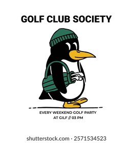 golf penguin retro cartoon character illustration