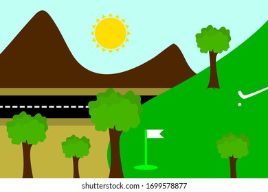 golf play ground and mountain with road vector design