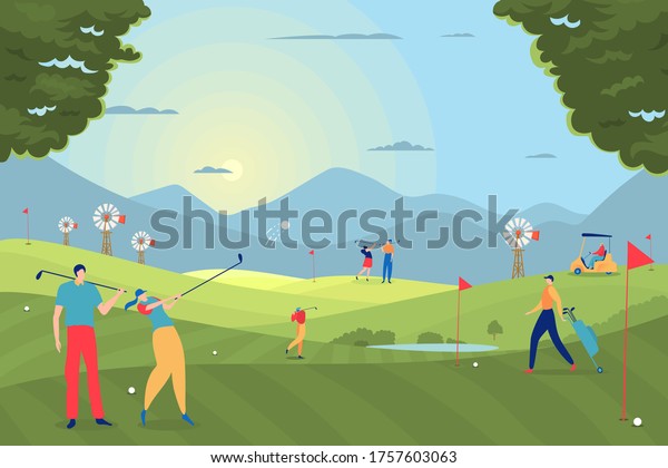 Golf
play people vector illustration. Participants spend leisure time
doing sport on playing field. Girl hit ball with club. Player
character move bag equipment and ride cartoon
car.