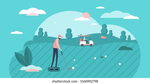 Golf play tiny persons vector illustration concept. Professional sports player focus and determination on achieving goals. Accuracy while going on target. Training persistence and daily hard work.