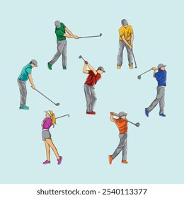 Golf Player Athlete Posed Colorful Vector Set Collection