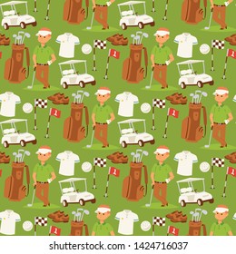 Golf player clothes and accessories vector illustration. Golfing club male outdoor game seamless pattern background swing sport hobby equipment professional play competition lifestyle.