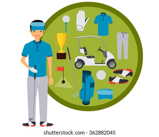 Golf player. Clothes and accessories. Vector illustration