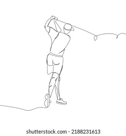 Golf player with club and ball one line art. Continuous line drawing hitting the ball with a club, game, golf, player, relaxation, competition, club, hole, status, sport.