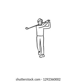 Golf player with club hand drawn outline doodle icon. Recteation, golf equipment, professional game concept. Vector sketch illustration for print, web, mobile and infographics on white background.