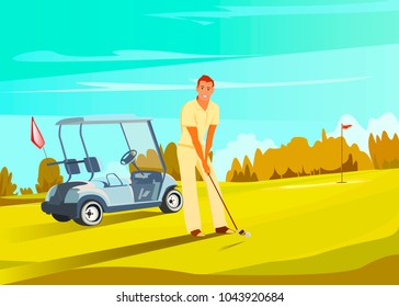 Golf player at course horizontal retro cartoon bannerwith red pin flag isolated vector illustration.