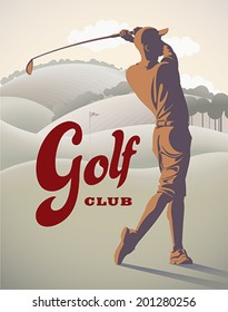 Golf player is doing a swing on the field. Retro styled vector illustration.