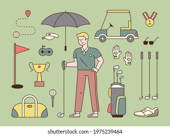 Golf player and golf equipment set. flat design style minimal vector illustration.