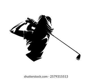 Golf player, female golfer clipart. Isolated vector silhouette of woman playing golf, rear view