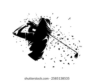 Golf player, female golfer clipart. Isolated vector silhouette of woman playing golf, rear view, distortion effect