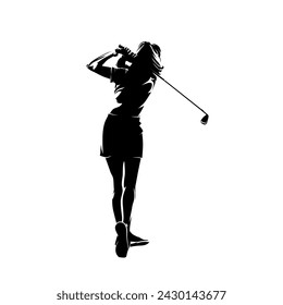 Golf player, female golfer. Isolated vector silhouette of woman playing golf, rear view