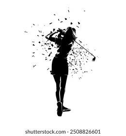 Golf player, female golfer. Isolated vector silhouette of woman playing golf, rear view