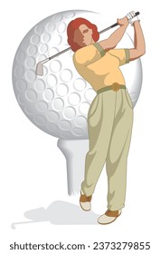 golf player female, swinging golf club with golf ball and tee in background