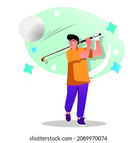 Golf player flat character concept for web design. Happy man hits the ball with a club, training or golf tournament, modern people scene. Vector illustration for social media promotional materials.