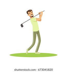Golf player in a green uniform taking a swing vector Illustration