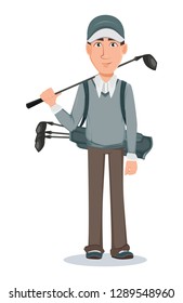 Golf player, handsome golfer. Cartoon character holding golf club and bag with clubs. Vector illustration on white background
