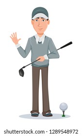 Golf player, handsome golfer. Cartoon character holding golf club and waving hand. Vector illustration on white background