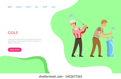 Golf player with helper veсtor, man wearing special clothes for English game participation, person with stick ball hitting target ground. Website Website or webpage template, landing page flat style