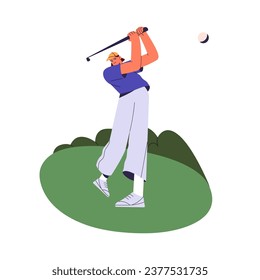 Golf player hit, putt ball by club. Professional golfer strike, shot golfball by putter. People play sport game, training on field. Active hobby outdoor. Flat isolated vector illustration on white