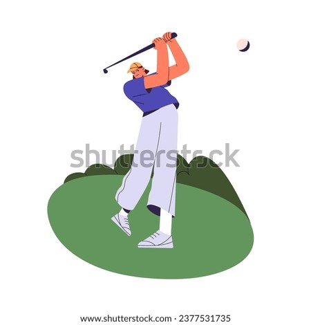 Golf player hit, putt ball by club. Professional golfer strike, shot golfball by putter. People play sport game, training on field. Active hobby outdoor. Flat isolated vector illustration on white