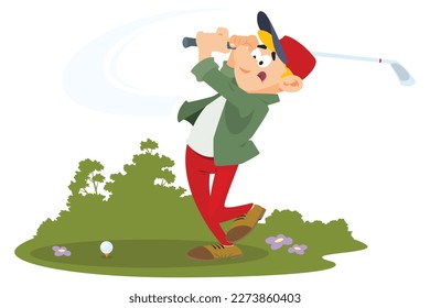 Golf player hits ball. Funny people. Illustration concept template for website, web landing page, banner, presentation, social, poster, promotion or print media.