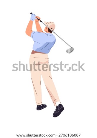 Golf player hits golfball back view. Man in uniform swings to putt ball with club to hole. Professional golfer plays sports game on course. Flat isolated vector illustration on white background