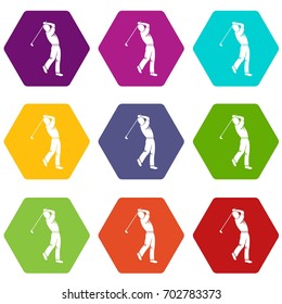 Golf player icon set many color hexahedron isolated on white vector illustration