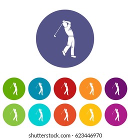 Golf player icons set in circle isolated flat vector illustration