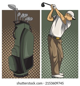 Golf player illustration. Golf swing vector. Comic style