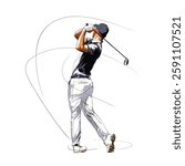 Golf player, isolated vector illustration. Golfer rear view. Sports drawing