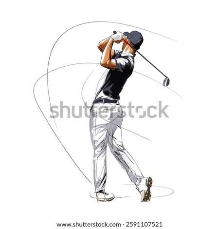 Golf player, isolated vector illustration. Golfer rear view. Sports drawing